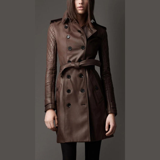 Women's Double-Breasted brown Quilted Genuine Lambskin Leather Belted Overcoat