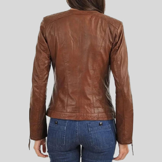 Women's Brown Geniune Lambskin Cafe Racer Slim-Fit Leather Jacket