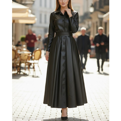 Women's Black Sheepskin Leather Belted Style Dress Outfit Trench Coat