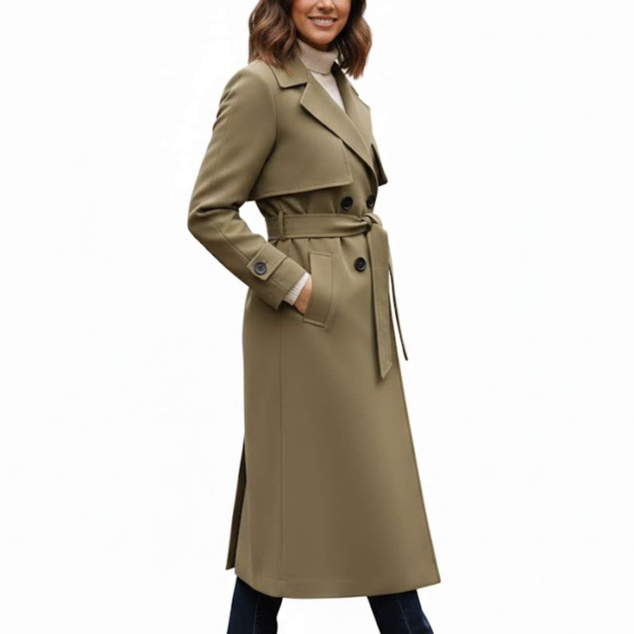 Women’s Khaki Premium Wool Double-Breasted Long Trench Coat