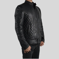 Men's Black Padded Quilted Design Motorcycle Biker Geniune Leather Jacket