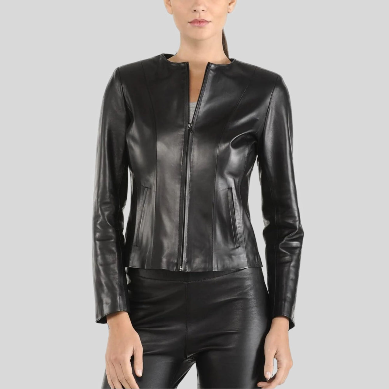 Women's Black Genuine Lambskin Cafe Racer Slim-Fit Leather Jacket