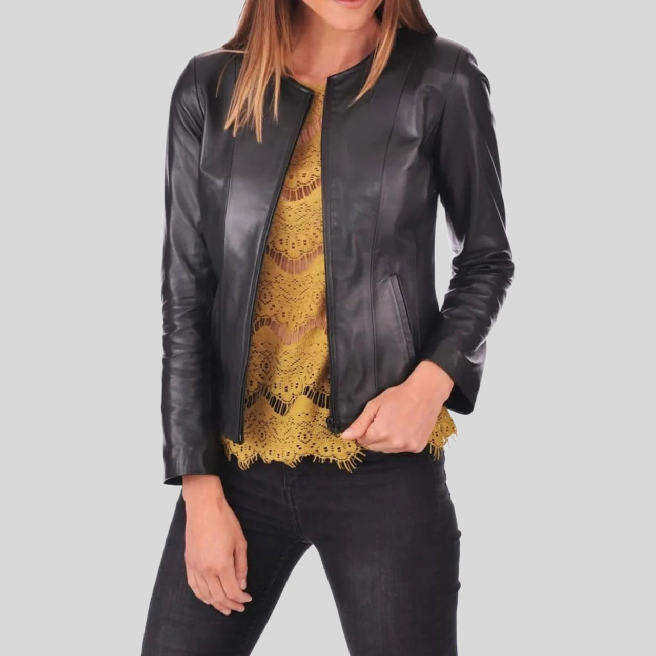 Women's Black Genuine Lambskin Café Racer Slim-Fit Leather Jacket