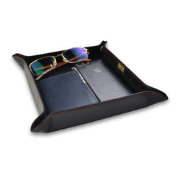 Black Leather Bedside Storage Tray Box With Red Stitching For Men Accessories
