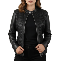 Womens Black Real Sheepskin Leather Quilted Patterned Jacket