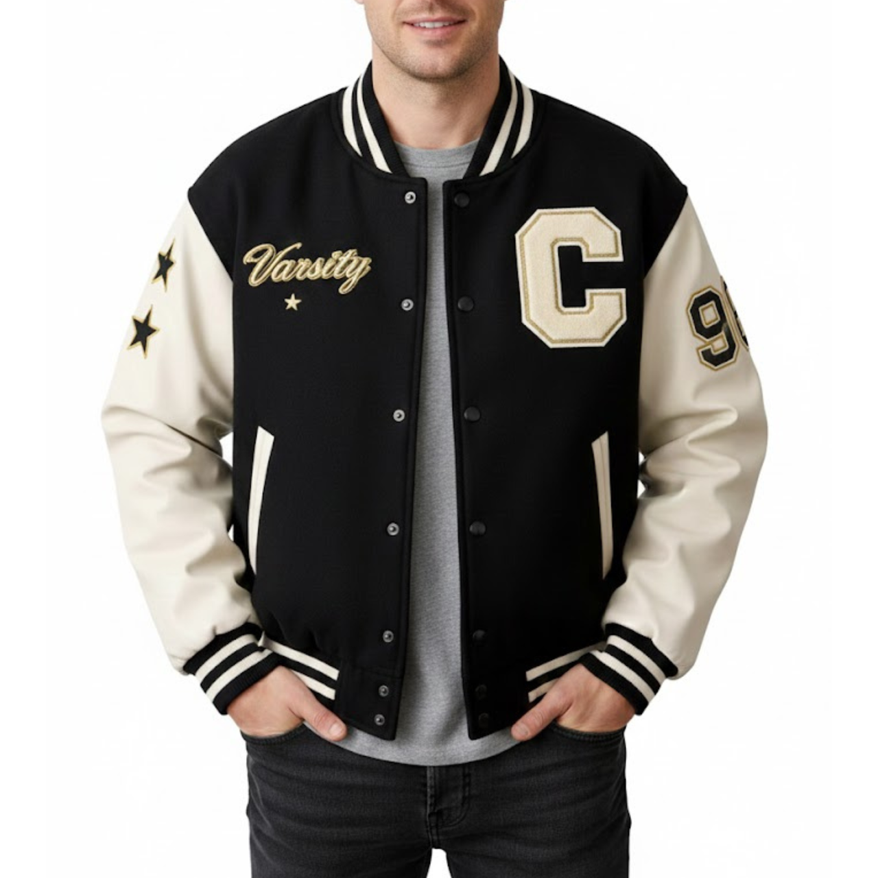 Men's Black And Cream White Wool & Leather Varsity Letterman Bomber Jacket