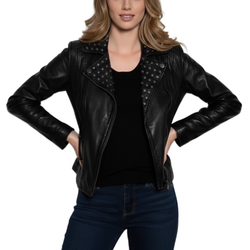 Womens Black Studded Leather Biker Jacket