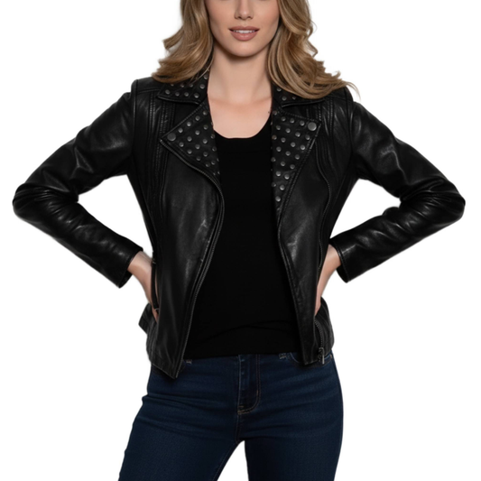 Womens Black Studded Leather Biker Jacket