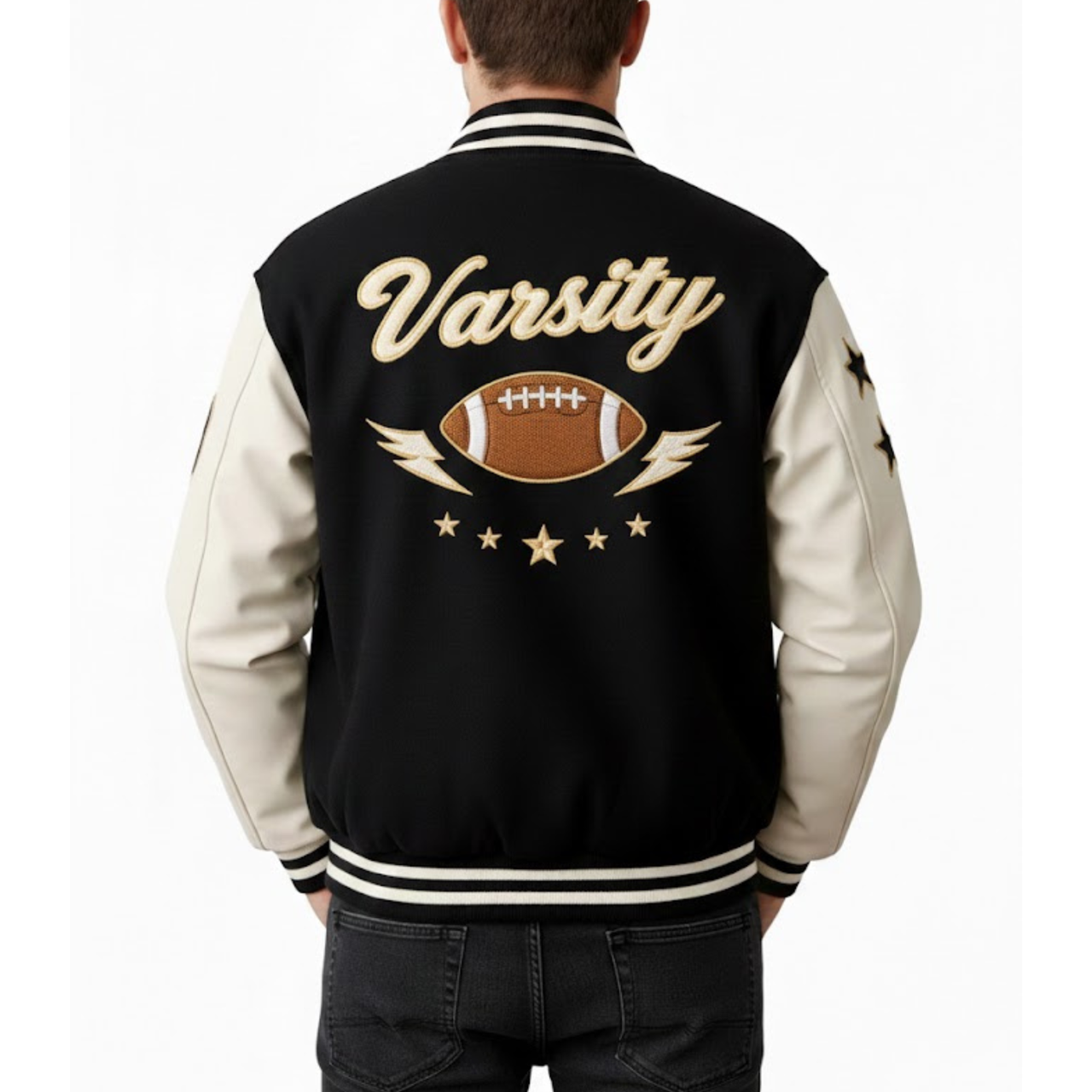 Men's Black And Cream White Wool & Leather Varsity Letterman Bomber Jacket