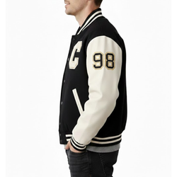 Men's Black And Cream White Wool & Leather Varsity Letterman Bomber Jacket