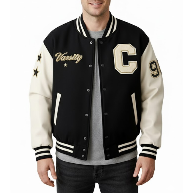 Men's Black And Cream White Wool & Leather Varsity Letterman Bomber Jacket