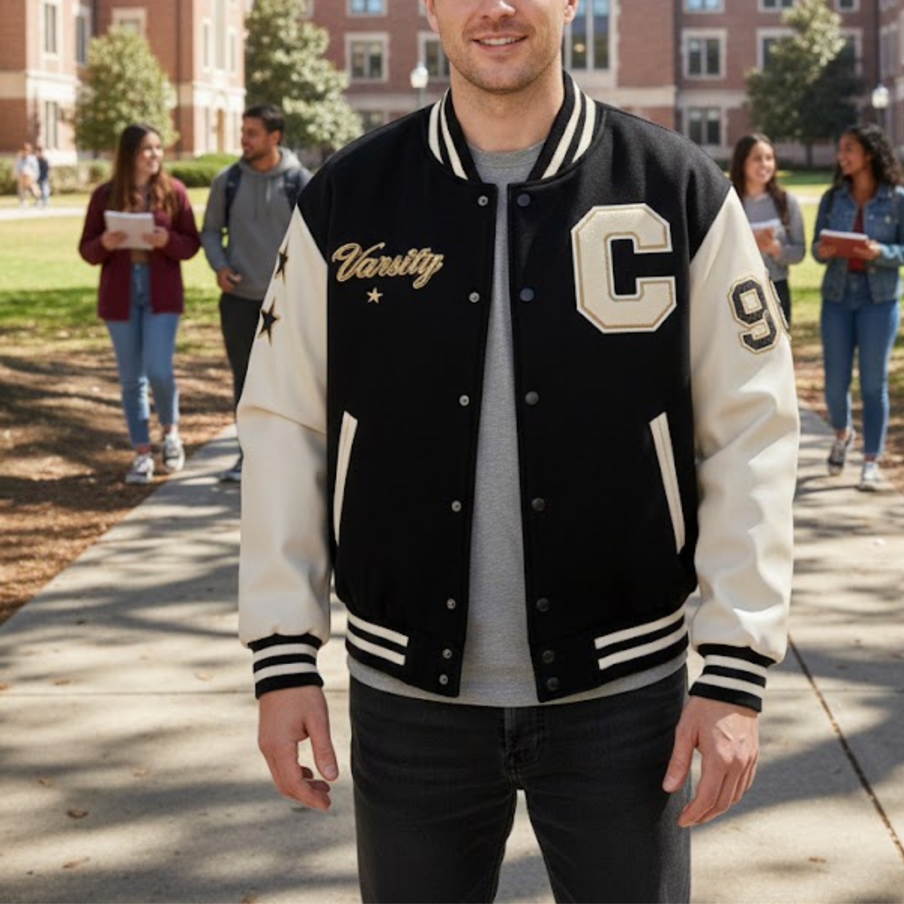 Men's Black And Cream White Wool & Leather Varsity Letterman Bomber Jacket