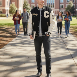 Men's Black And Cream White Wool & Leather Varsity Letterman Bomber Jacket