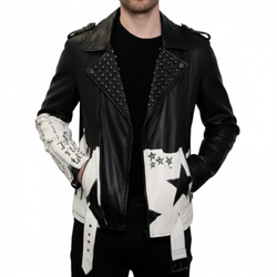 Mens Star Studded Black Leather Hand Painted Biker Jacket