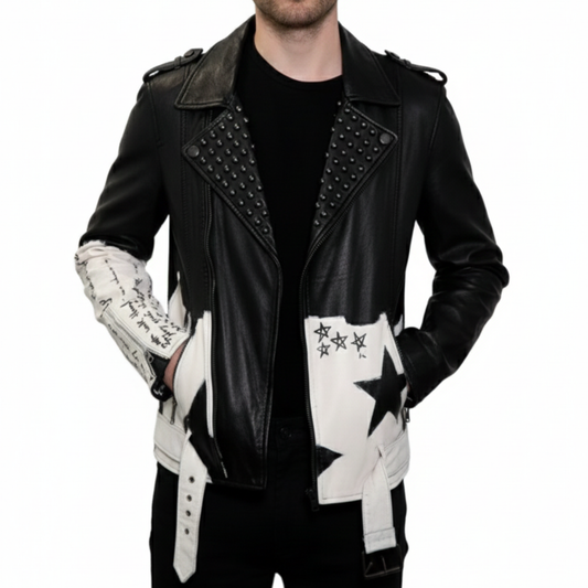 Mens Star Studded Black Leather Hand Painted Biker Jacket