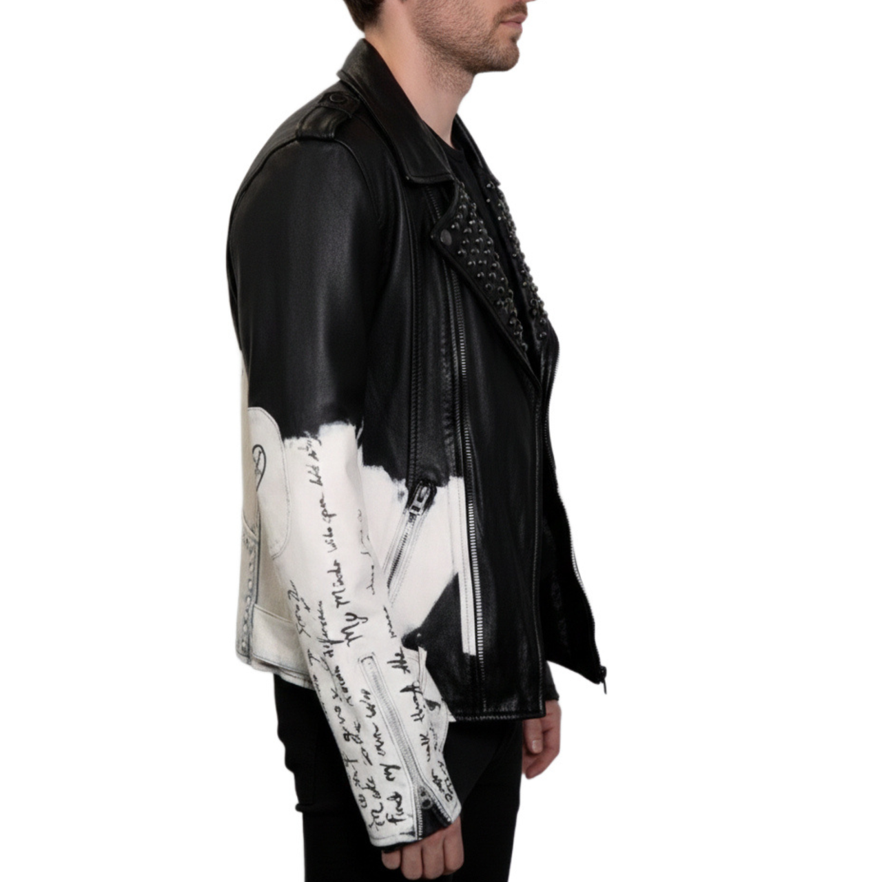 Mens Star Studded Black Leather Hand Painted Biker Jacket