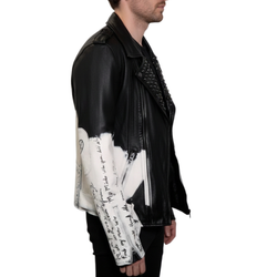 Mens Star Studded Black Leather Hand Painted Biker Jacket