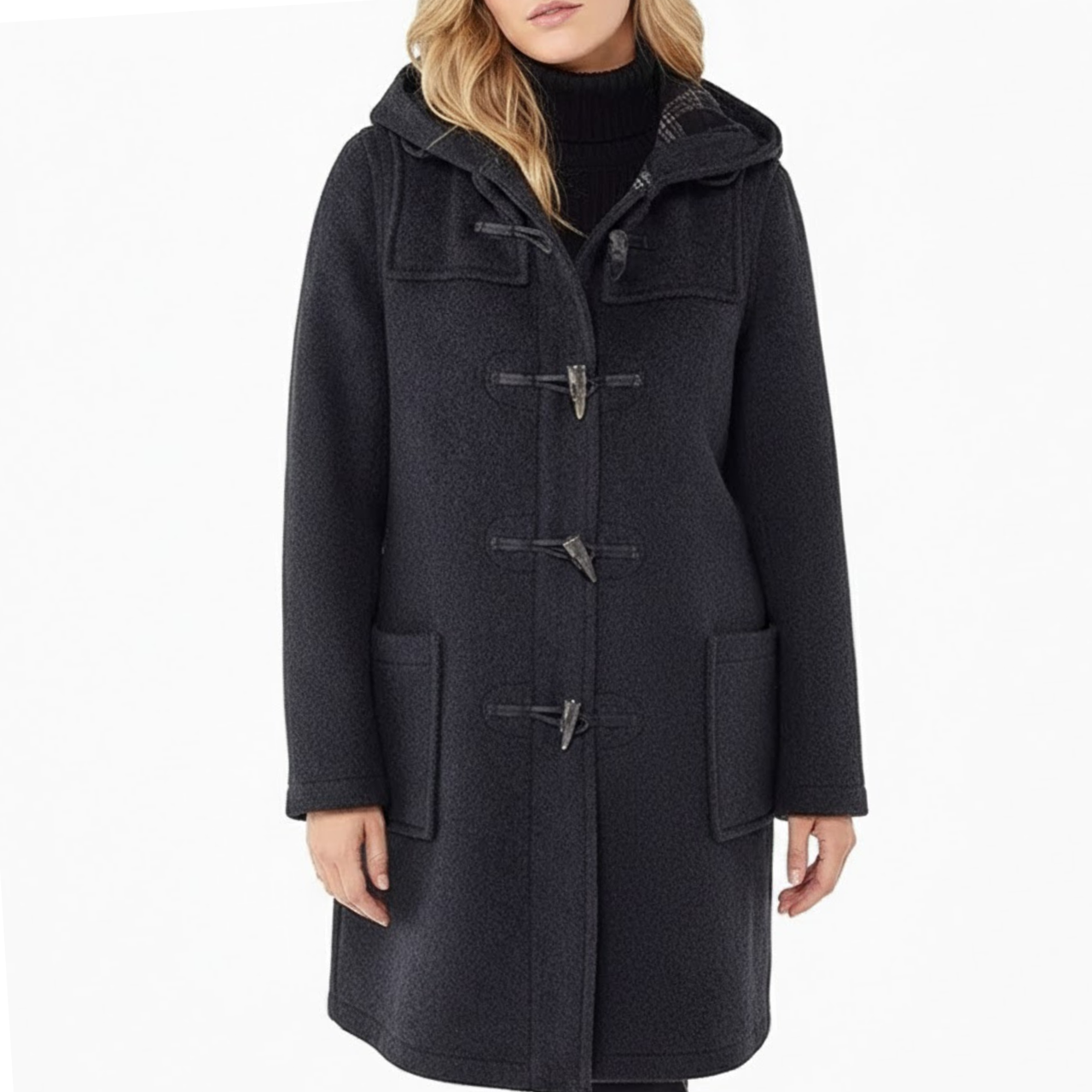 Women's Classic Black Wool Duffle Hooded Toggles Coat