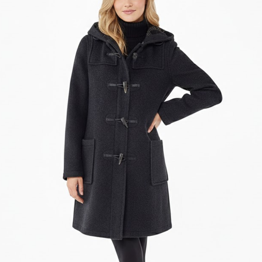 Women's Classic Black Wool Duffle Hooded Toggles Coat