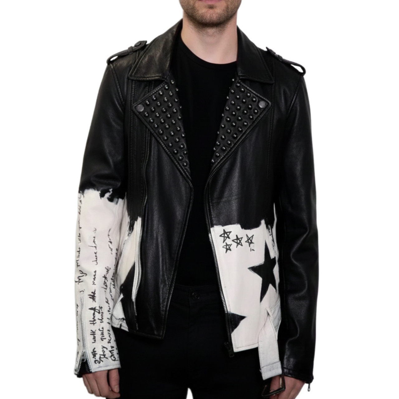 Mens Star Studded Black Leather Hand Painted Biker Jacket