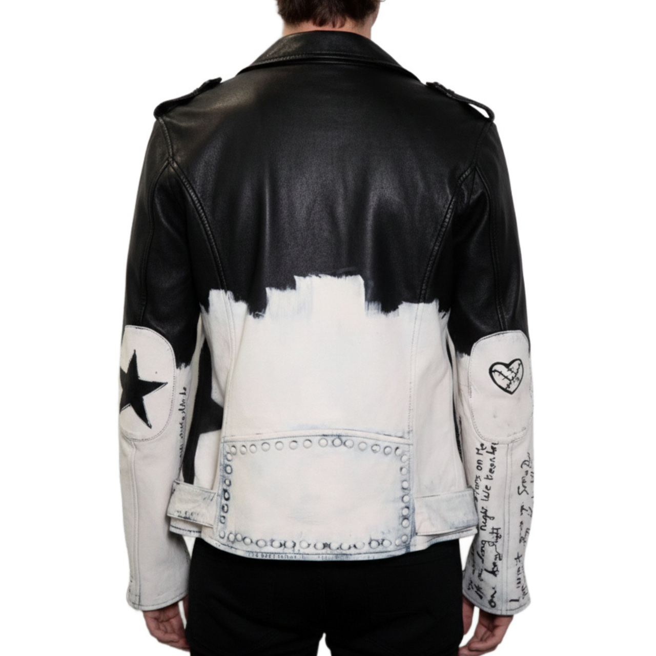 Mens Star Studded Black Leather Hand Painted Biker Jacket