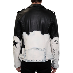 Mens Star Studded Black Leather Hand Painted Biker Jacket
