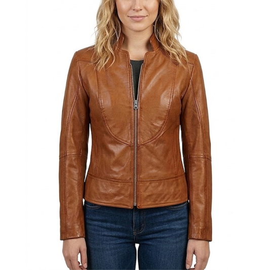 Women's Brown Waxe Real Leather Cafe Racer Jacket