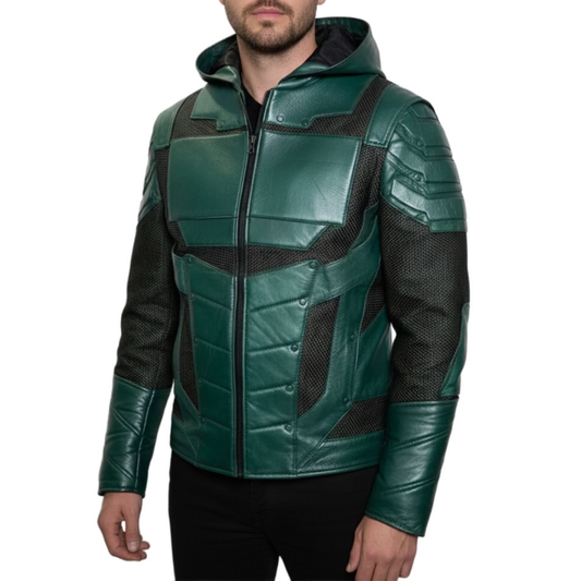 Mens Green Real Leather Chrome Armor Cosplay Jacket