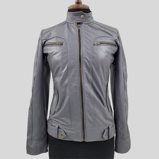 Women's Waxed Grey Genuine Lambskin Cafe Racer Leather Jacket