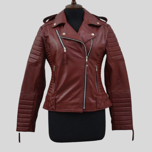 Women's Maroon Motorcycle Genuine Lambskin Leather Biker Jacket