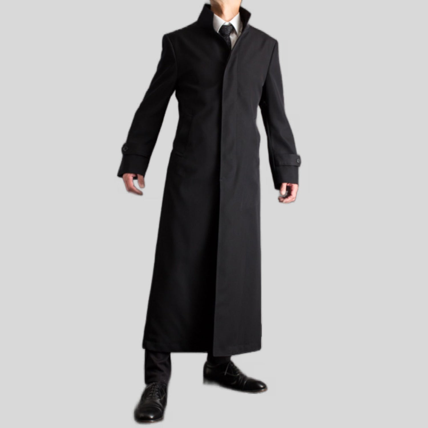 Men's Long Designer Stand-Up Collar Black Belted Genuine Wool