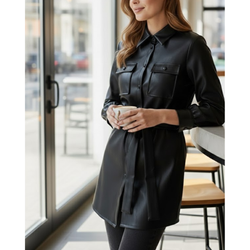 Women's Black Real Leather New Shirt Style Belted Coat