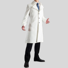 Men’s White Wool Trench Coat with Half-Belted Back
