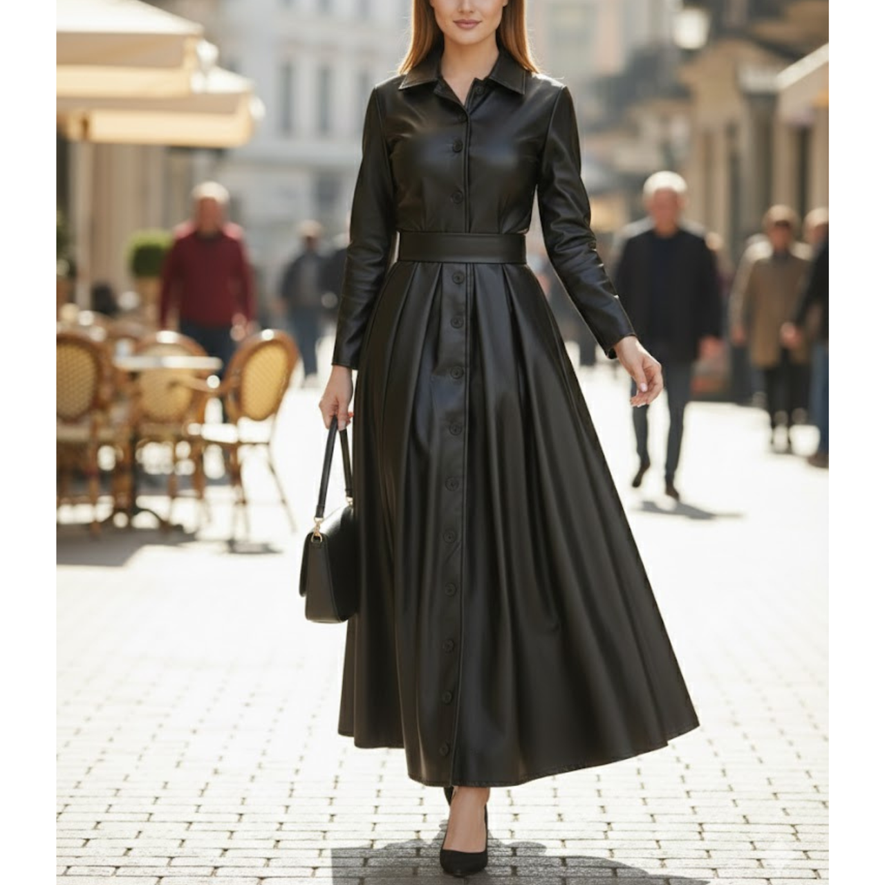 Women's Black Sheepskin Leather Belted Style Dress Outfit Trench Coat