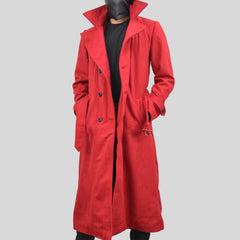Men's Double-Breasted Red Long Genuine Wool Casual Belted Trench Coat