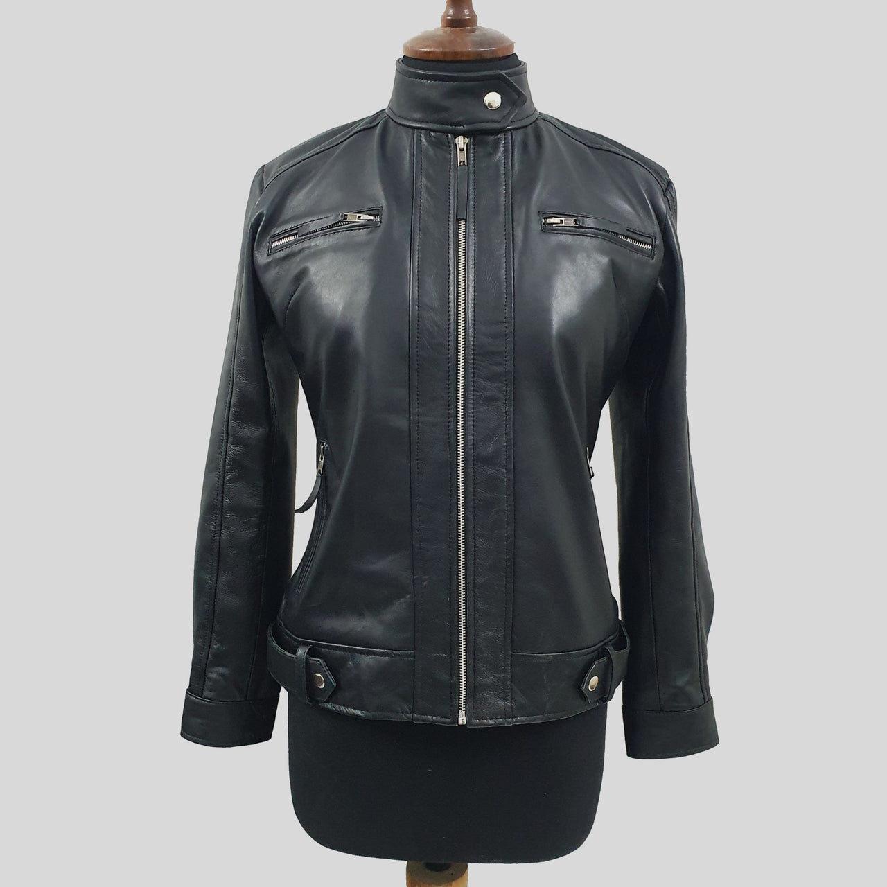 Women's Black Genuine Lambskin Cafe Racer Leather Jacket