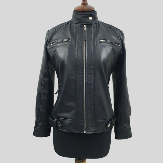 Women's Black Genuine Lambskin Cafe Racer Leather Jacket