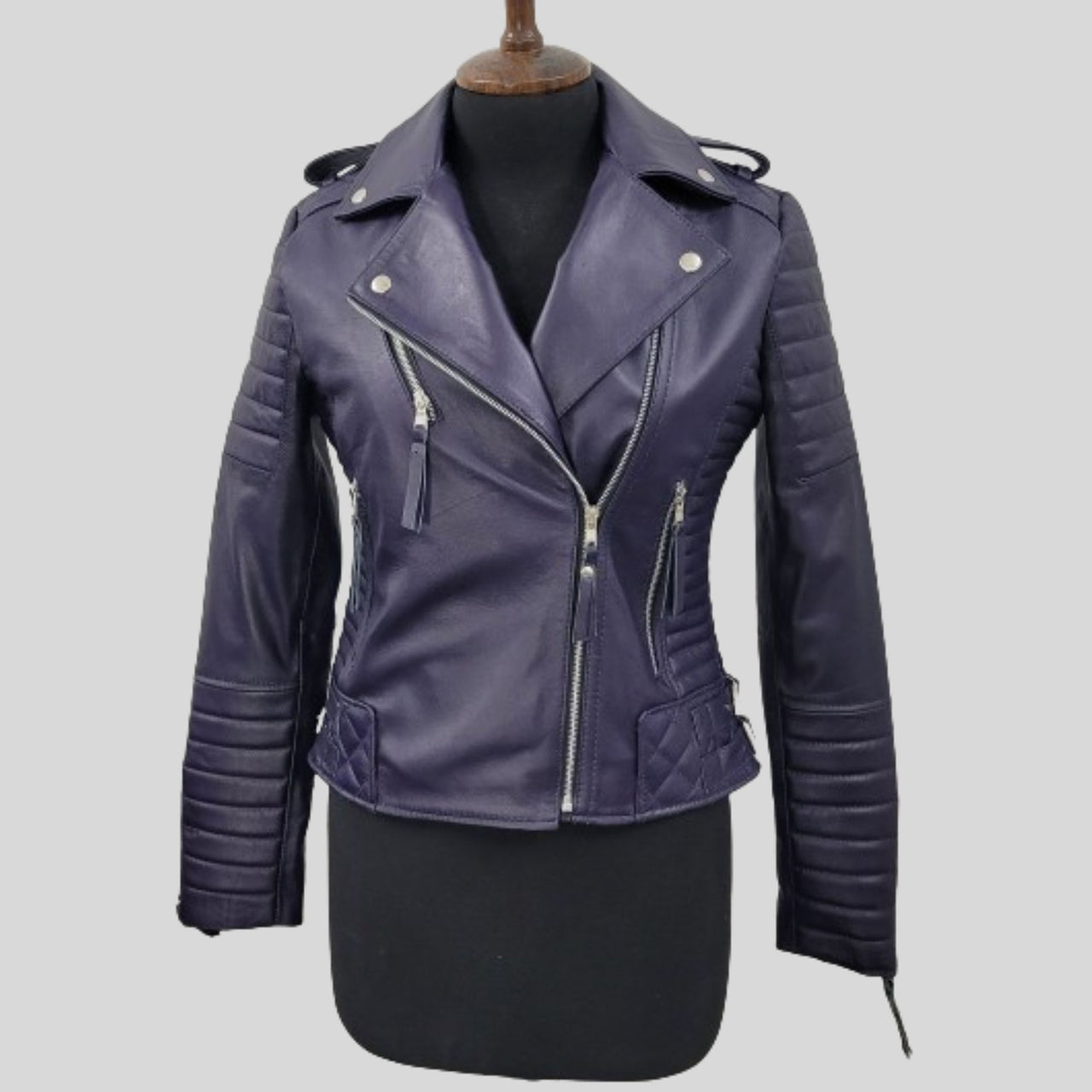 Women's Purple Quilted Motorcycle Genuine Lambskin Leather Biker Jacket