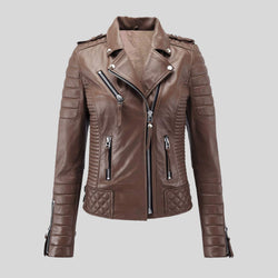 Women Motorcycle Quilted padded Slim fit Biker Genuine Leather Jacket