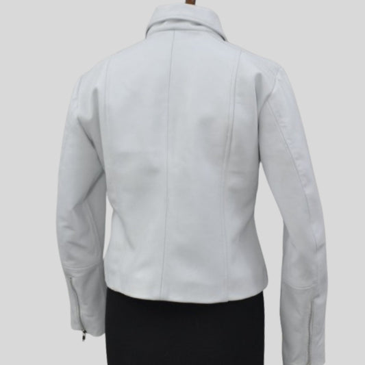 Women White Shirt Collar Designer Ladies Leather Jacket