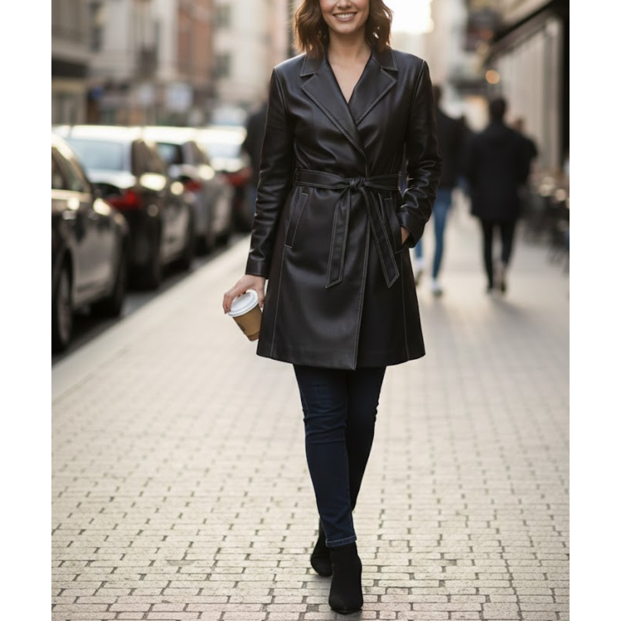Women's Stylish Black Leatehr Belted Style Coat Blazer