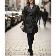 Women's Stylish Black Leatehr Belted Style Coat Blazer