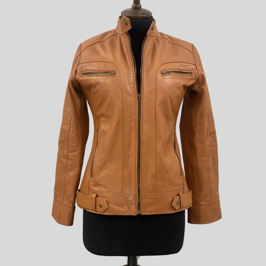 Women's Tan Genuine Lambskin Cafe Racer Leather Jacket