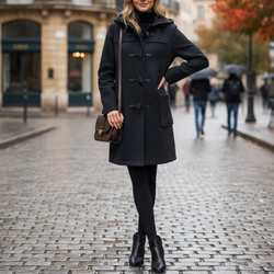 Women's Classic Black Wool Duffle Hooded Toggles Coat