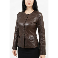 Womens Stylish Brown Leather Collarless Style Coats