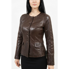 Womens Stylish Brown Leather Collarless Style Coats