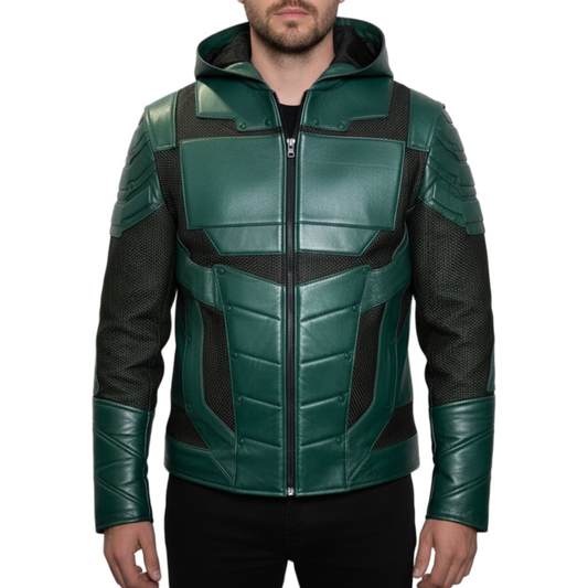 Mens Green Real Leather Chrome Armor Cosplay Jacket