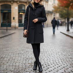 Women's Classic Black Wool Duffle Hooded Toggles Coat
