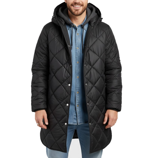Men's Black Diamond Quilted Hooded Puffer Winter Long Coat