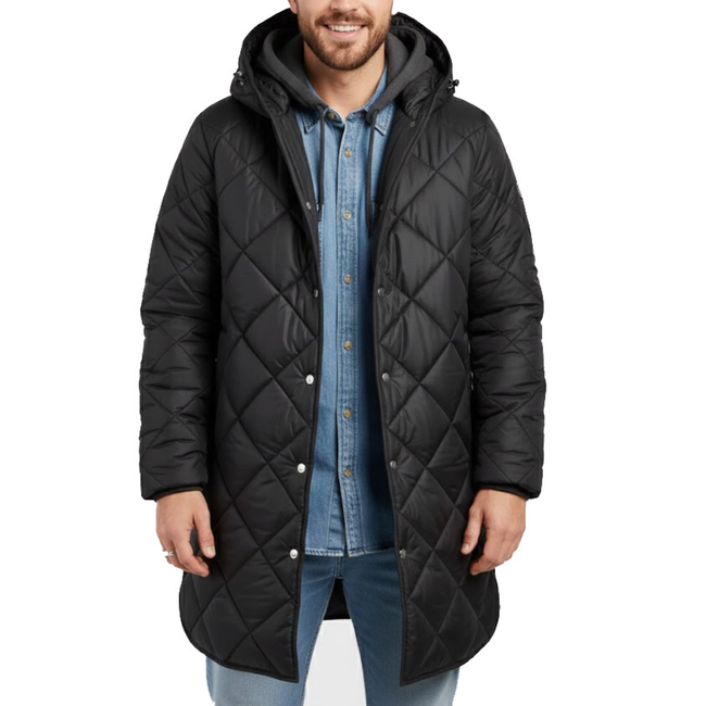 Men's Black Diamond Quilted Hooded Puffer Winter Long Coat